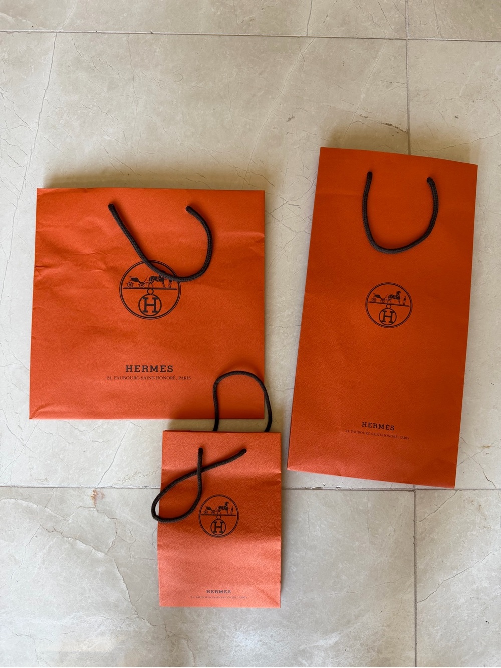 Hermes Orange Paper Shopping Bags Trio with Black Handles